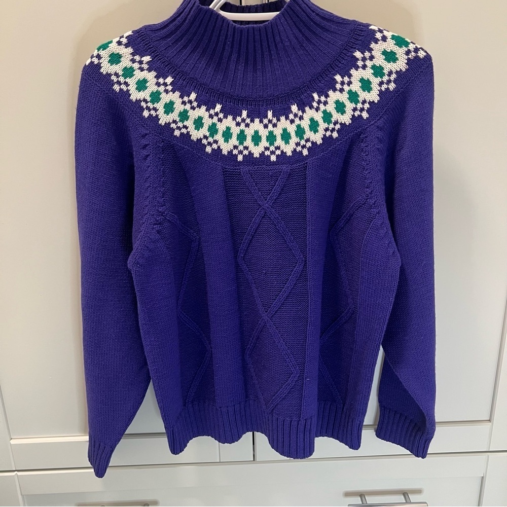 Vintage Purple Knit Turtleneck Grandma Sweater with green and white - Size Med